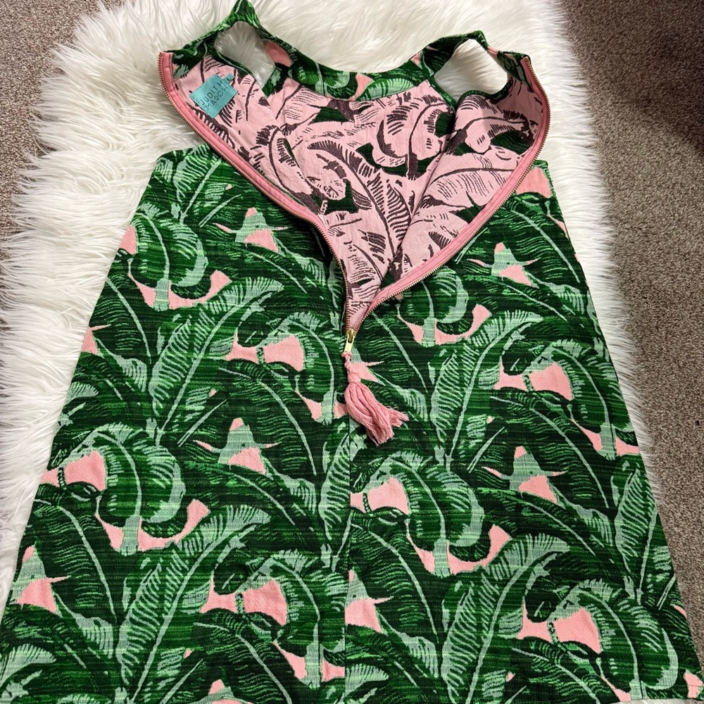 Judith March Lady of Summer palm print mini dress high neck green and pink large - Picture 6 of 13